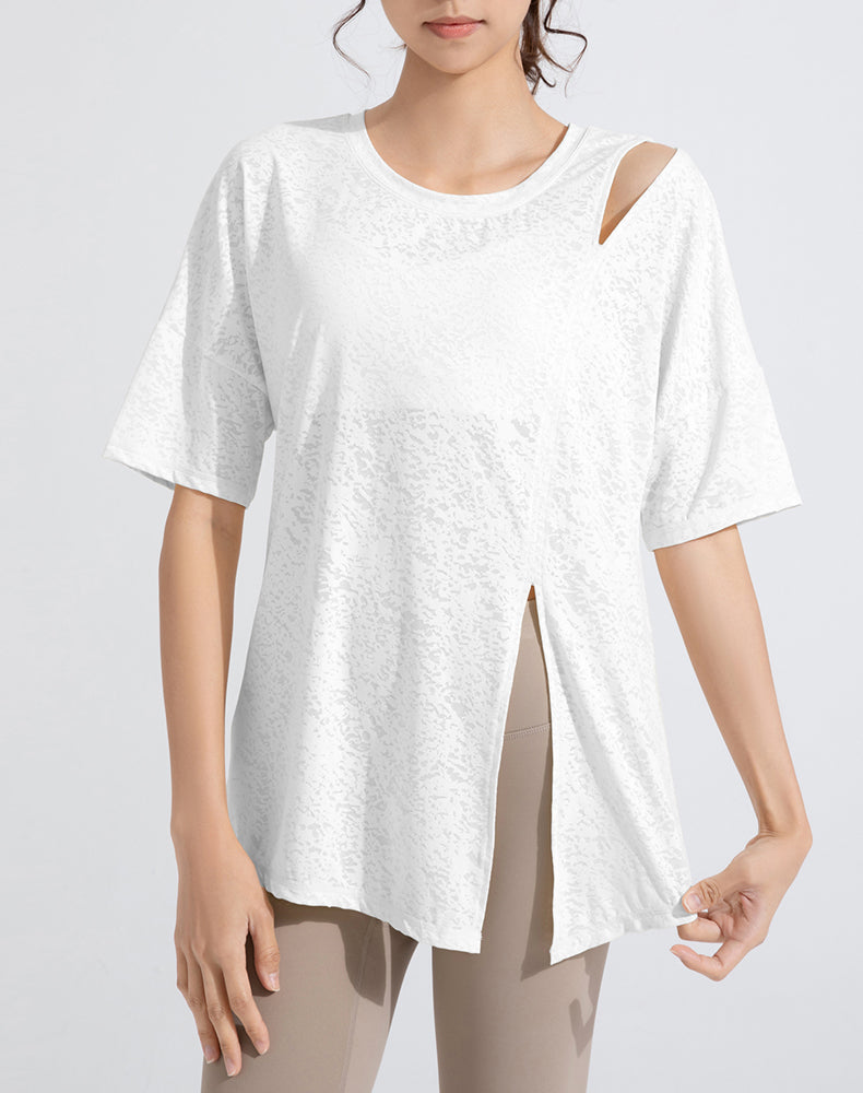 Front Slit Jacquard Short Sleeve Yoga Top