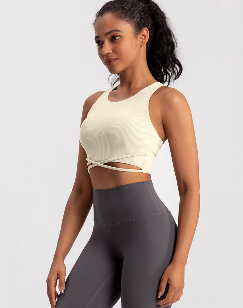 Front X-Cross Striped Fabric Yoga Bra