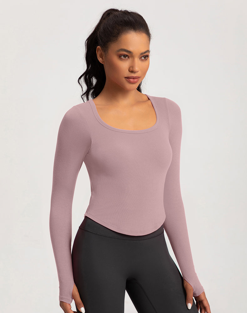 Wide Neck Ribbed Long Sleeve Yoga Top