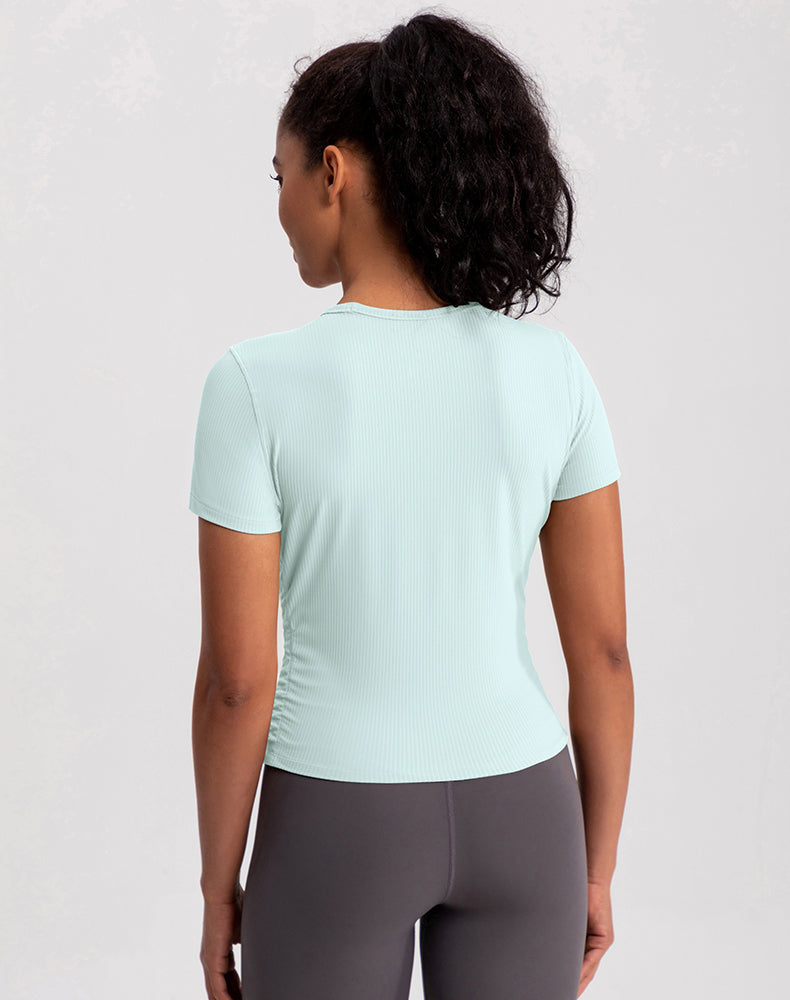 Side Pleated Ribbed Short Sleeve Yoga Top