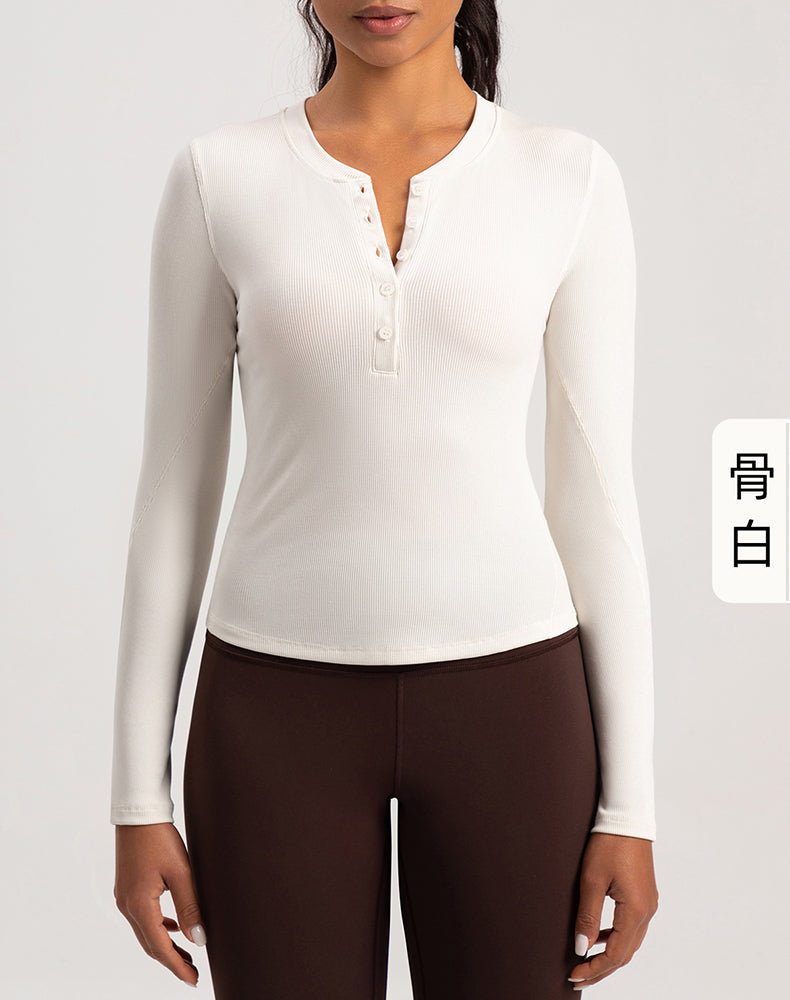 Button V-Neck Round Hem Long Sleeve Yoga Top