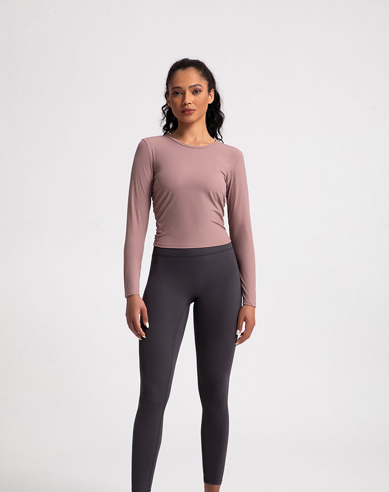 Sides Pleated Ribbed Long Sleeve Yoga Top