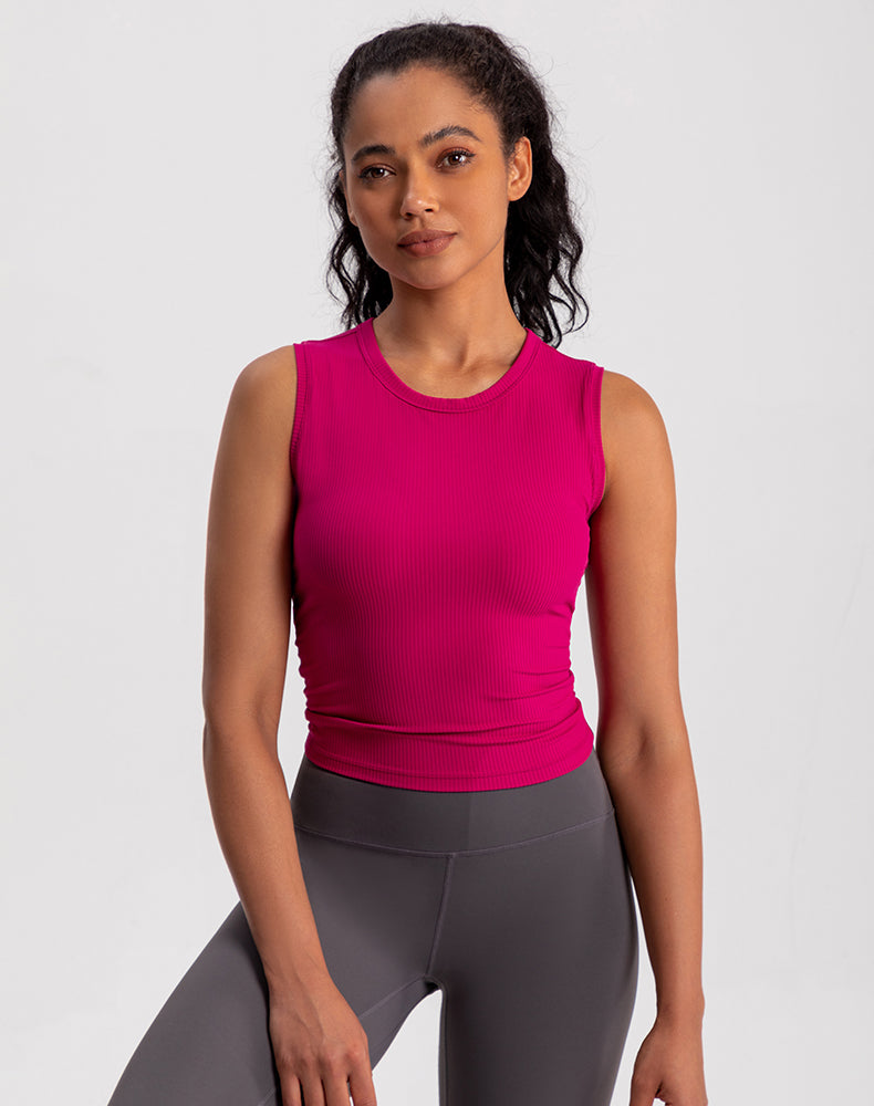 Ribbed Fabric Pleated Sides Yoga Tank