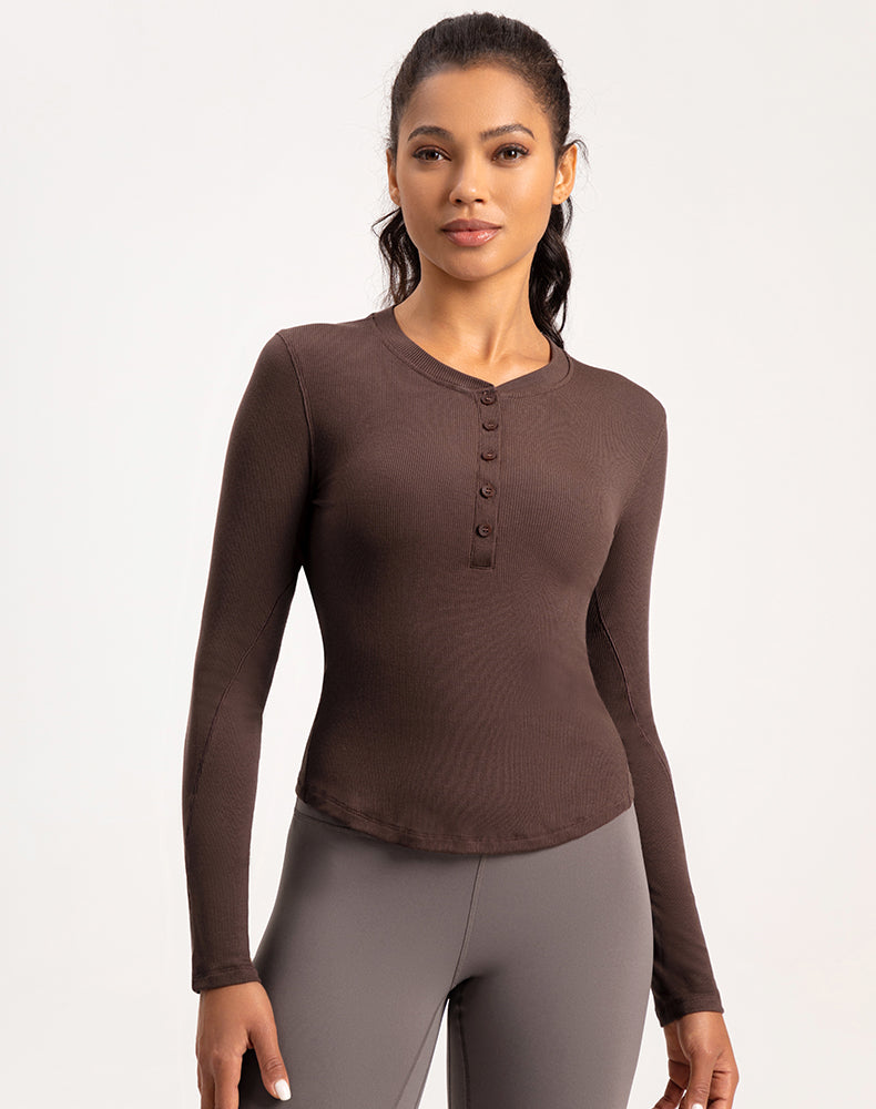 Button V-Neck Round Hem Long Sleeve Yoga Top