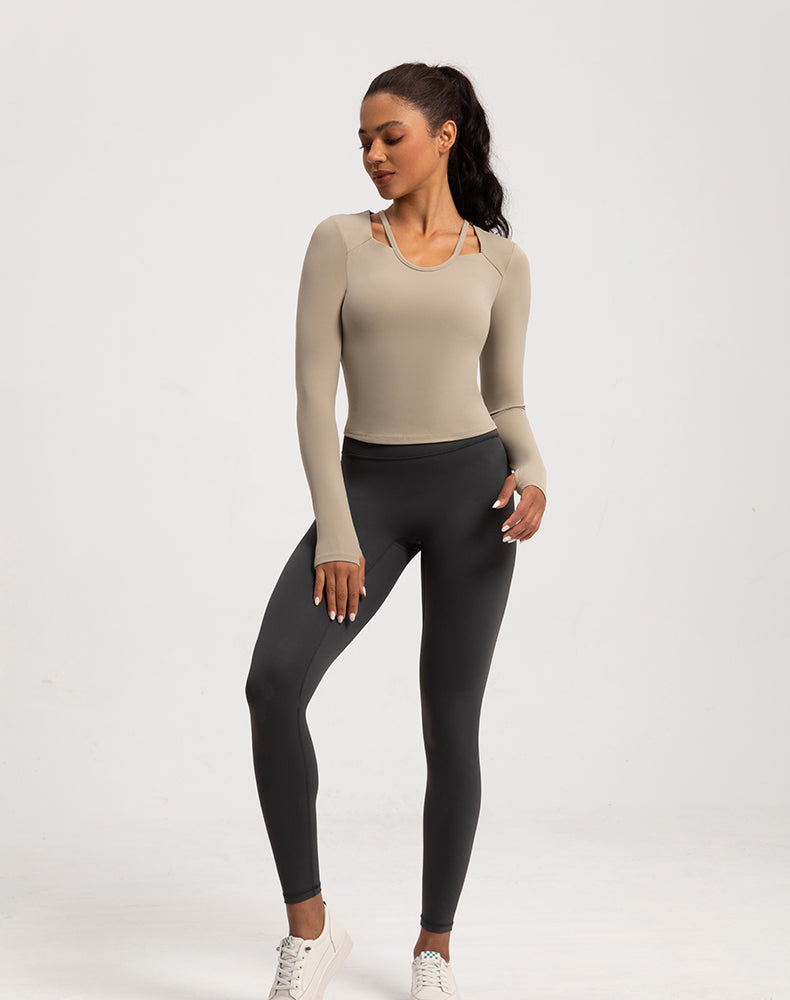 Neck Double Strap Long Sleeve Yoga Top