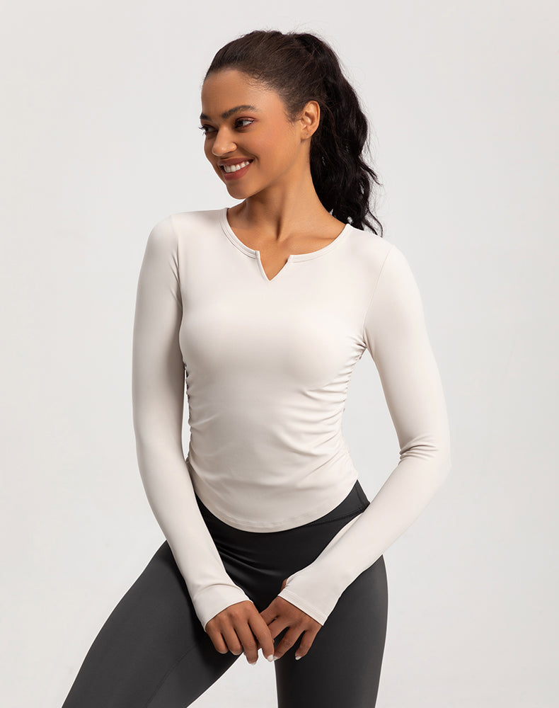 V-Neck Sides Pleated Long Sleeve Yoga Top