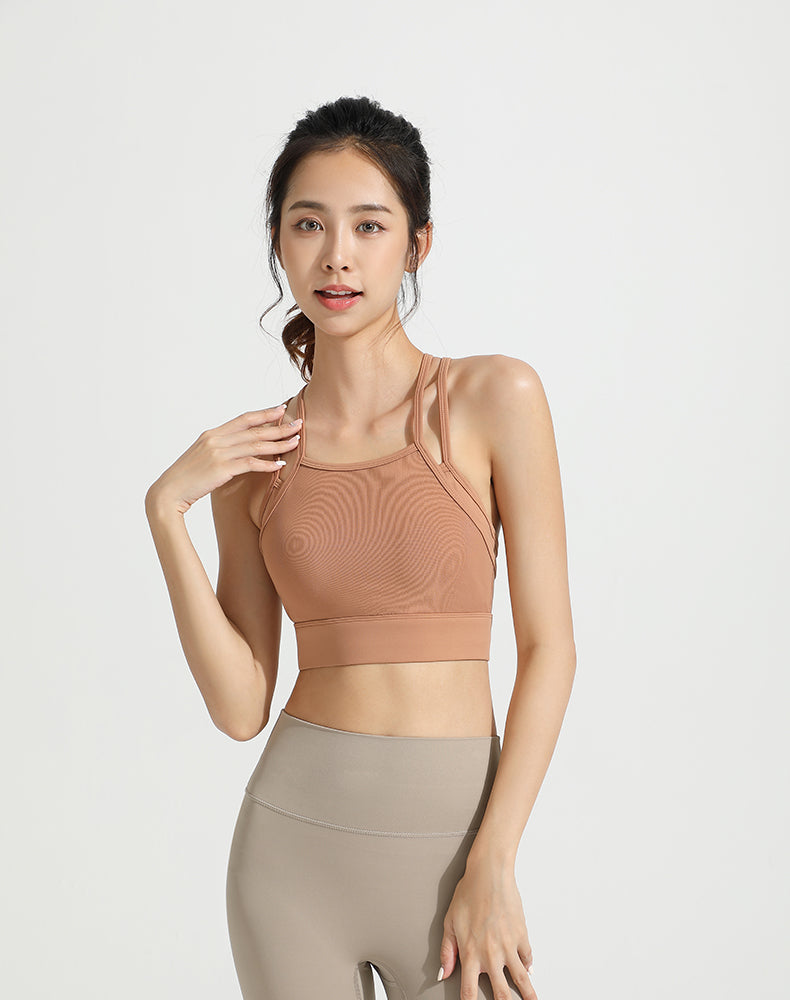 Mesh Faux Two-piece Strappy Yoga Bra