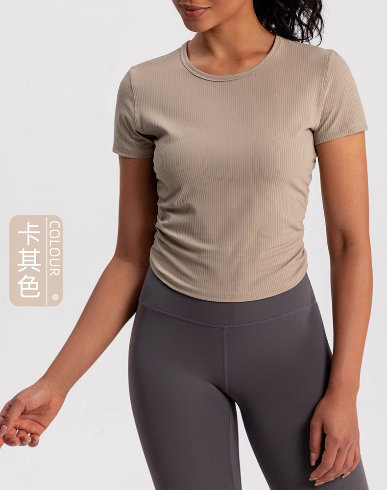 Side Pleated Ribbed Short Sleeve Yoga Top