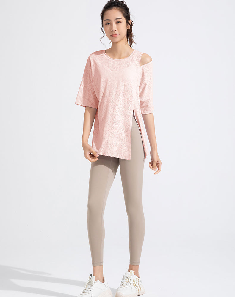 Front Slit Jacquard Short Sleeve Yoga Top