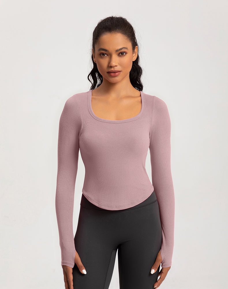 Wide Neck Ribbed Long Sleeve Yoga Top