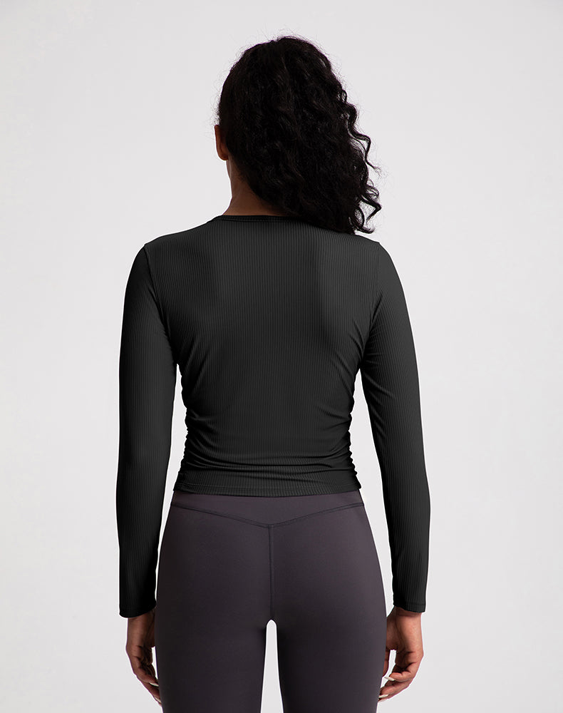 Sides Pleated Ribbed Long Sleeve Yoga Top