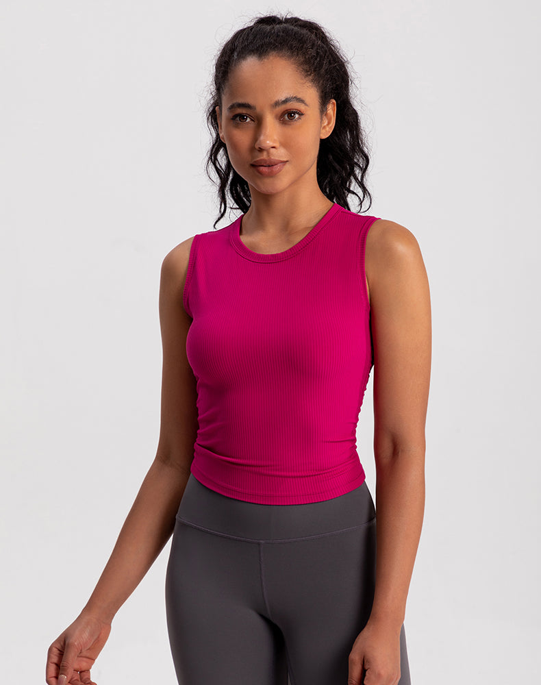 Ribbed Fabric Pleated Sides Yoga Tank