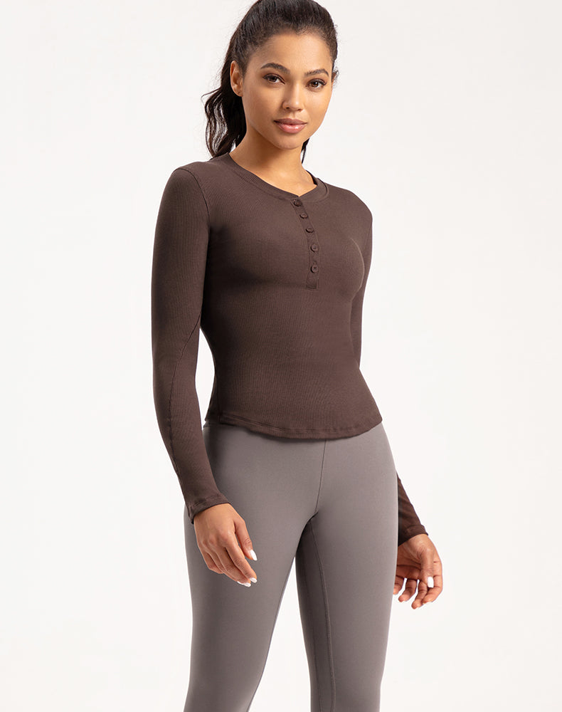 Button V-Neck Round Hem Long Sleeve Yoga Top