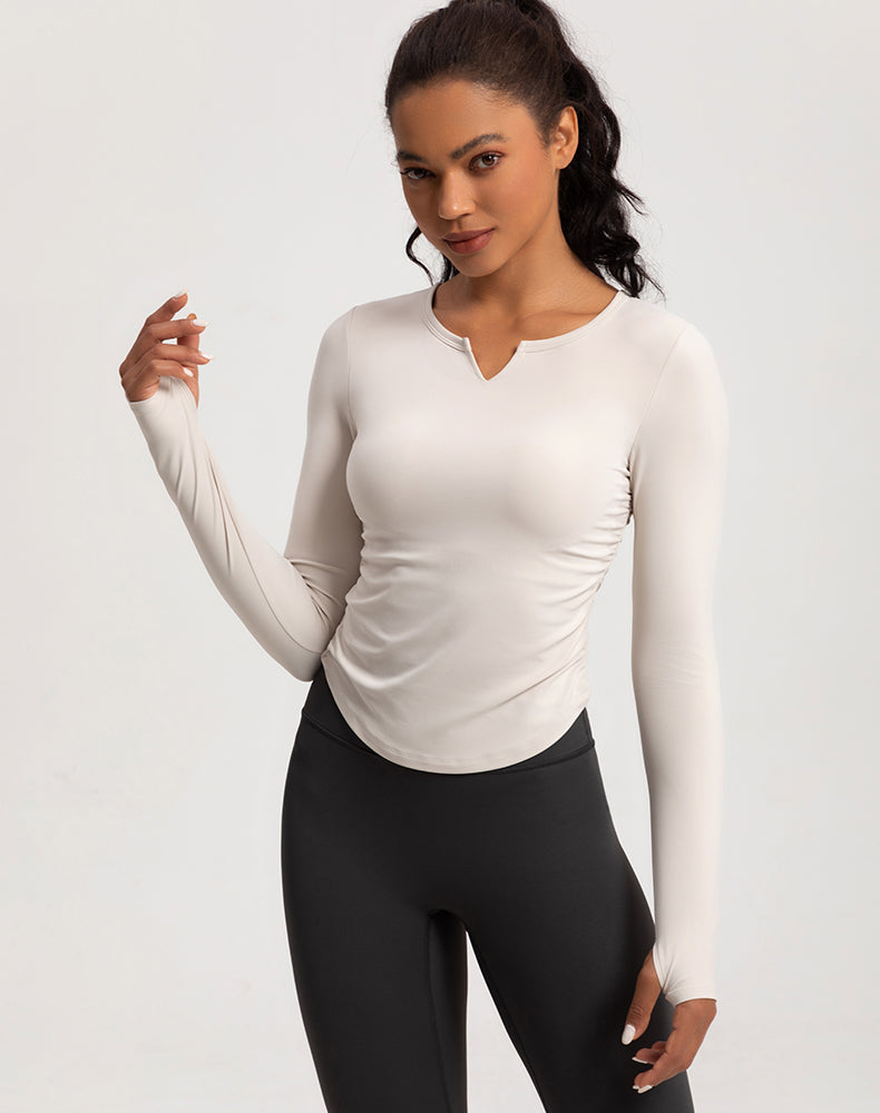 V-Neck Sides Pleated Long Sleeve Yoga Top