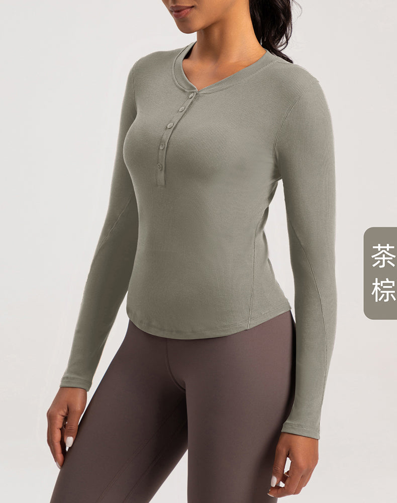 Button V-Neck Round Hem Long Sleeve Yoga Top