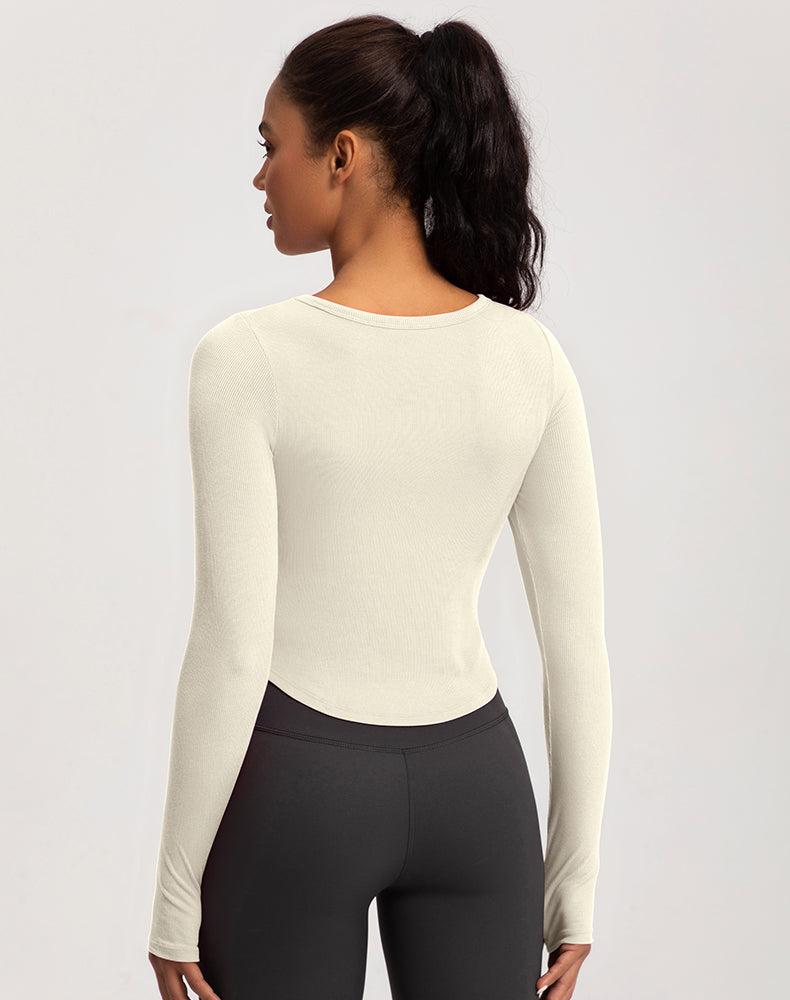 Wide Neck Ribbed Long Sleeve Yoga Top