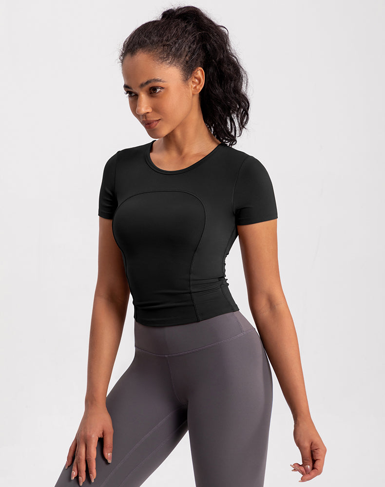 Small Crew Neck Built-in Bra Short Sleeve Yoga Top