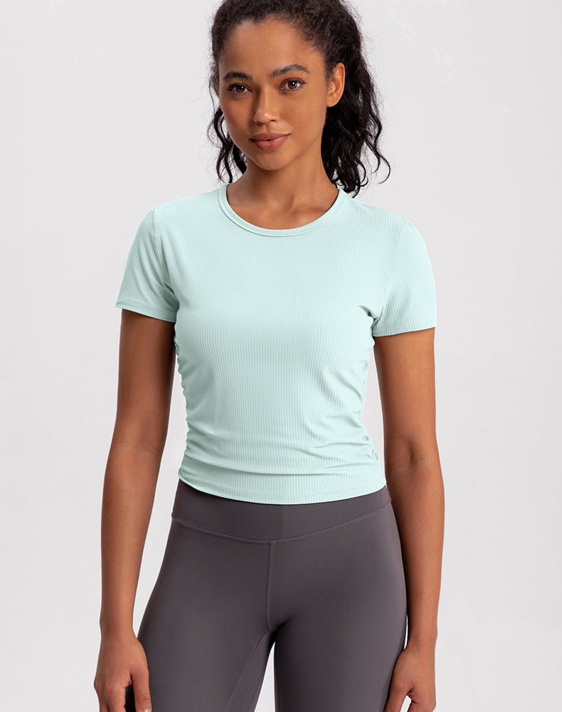 Side Pleated Ribbed Short Sleeve Yoga Top