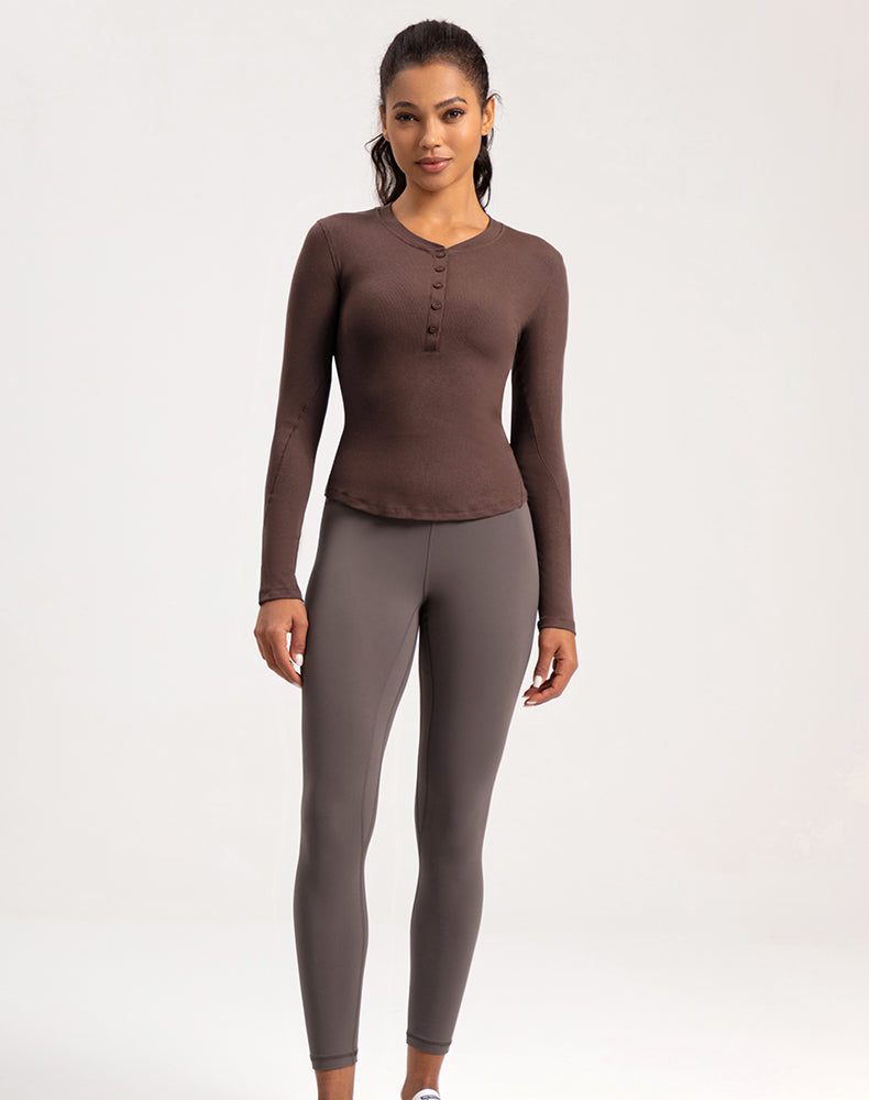 Button V-Neck Round Hem Long Sleeve Yoga Top