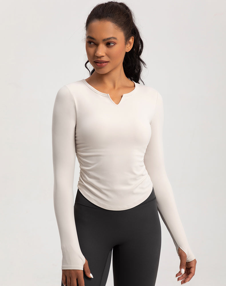 V-Neck Sides Pleated Long Sleeve Yoga Top