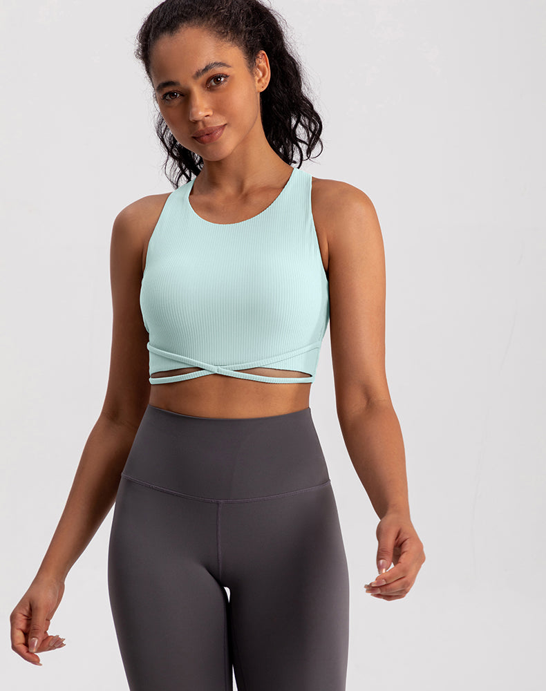 Front X-Cross Striped Fabric Yoga Bra