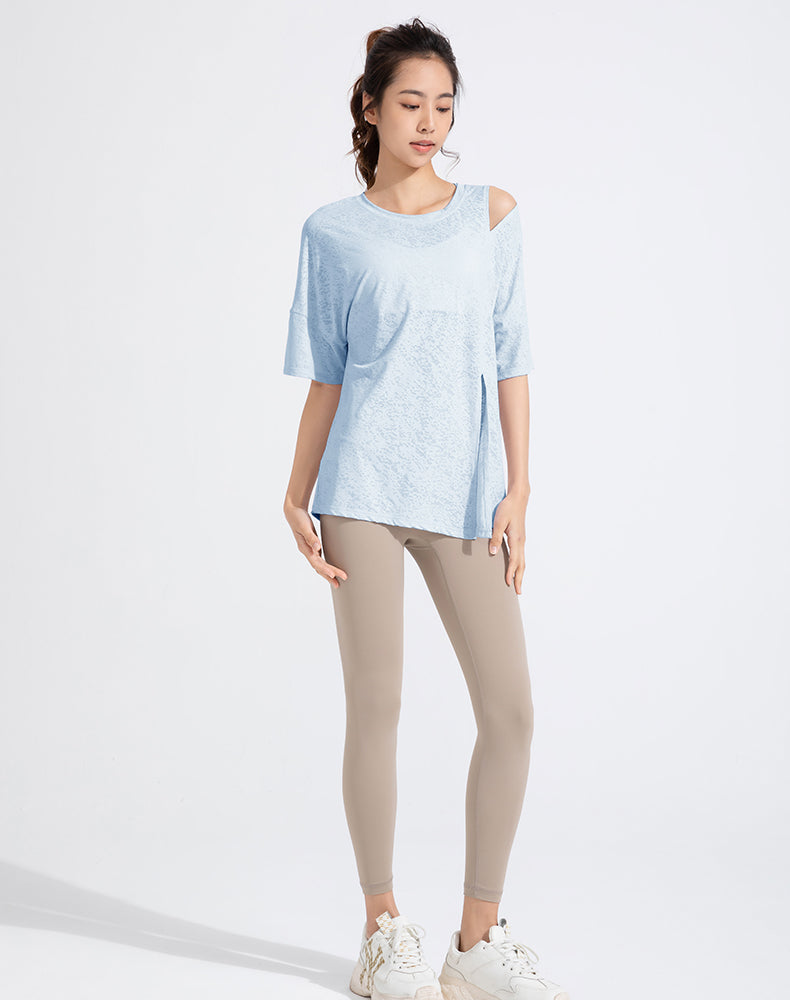 Front Slit Jacquard Short Sleeve Yoga Top