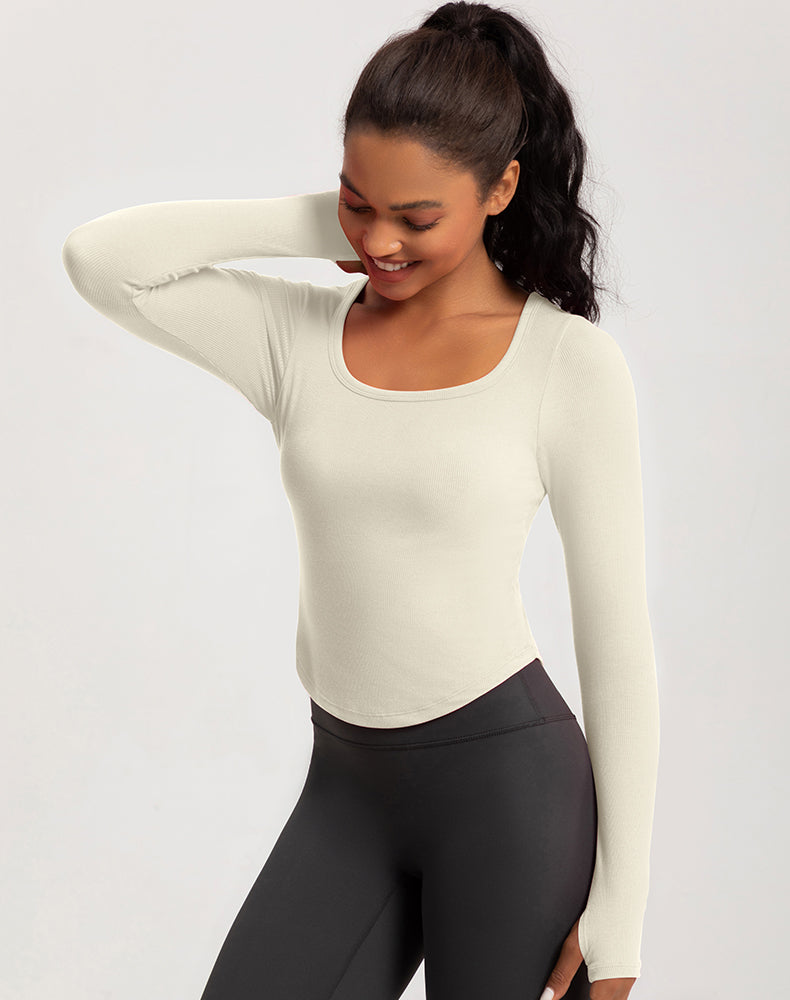 Wide Neck Ribbed Long Sleeve Yoga Top