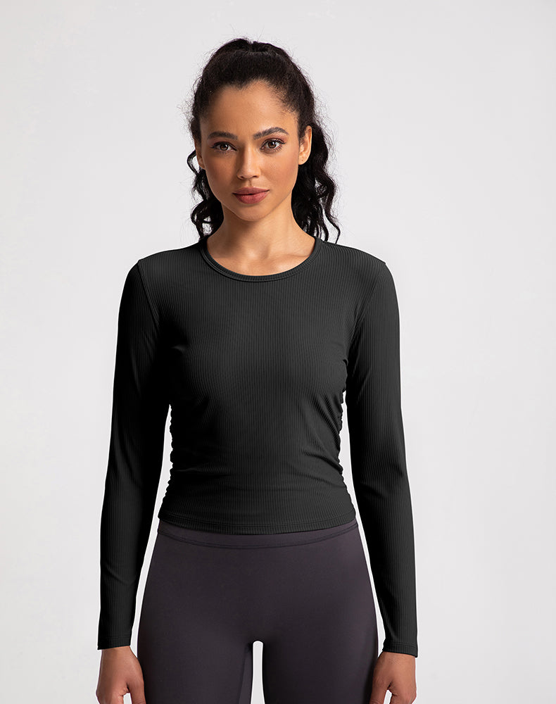 Sides Pleated Ribbed Long Sleeve Yoga Top