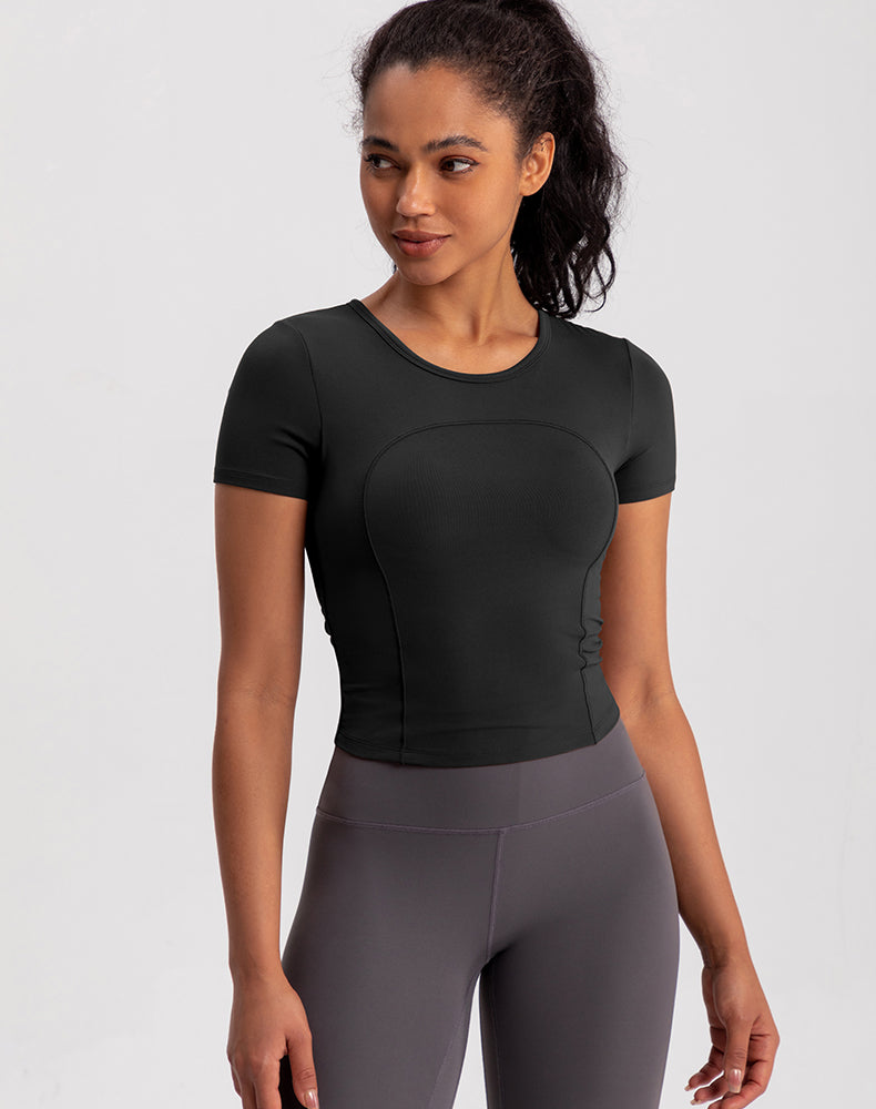 Small Crew Neck Built-in Bra Short Sleeve Yoga Top