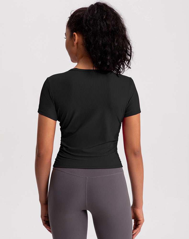 Side Pleated Ribbed Short Sleeve Yoga Top