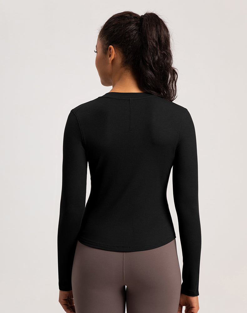 Button V-Neck Round Hem Long Sleeve Yoga Top