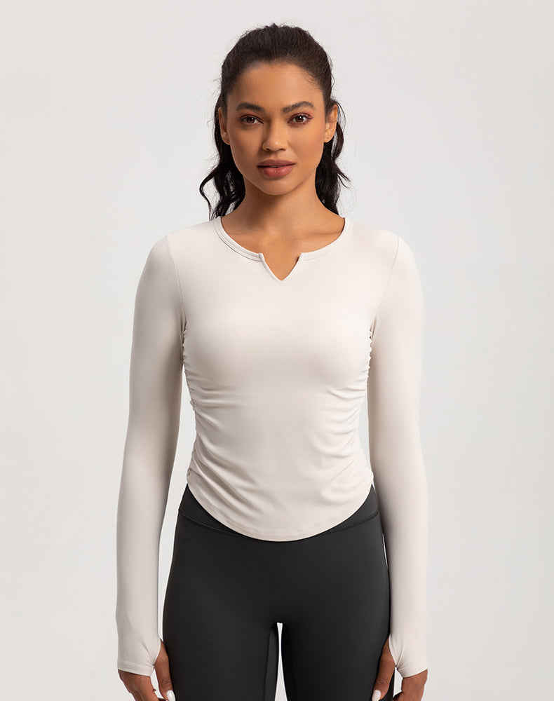 V-Neck Sides Pleated Long Sleeve Yoga Top