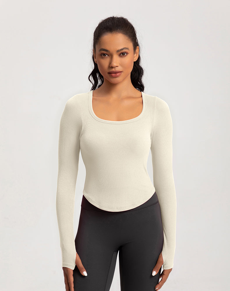 Wide Neck Ribbed Long Sleeve Yoga Top