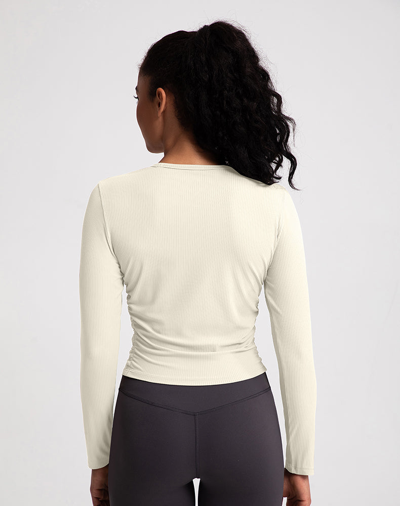 Sides Pleated Ribbed Long Sleeve Yoga Top