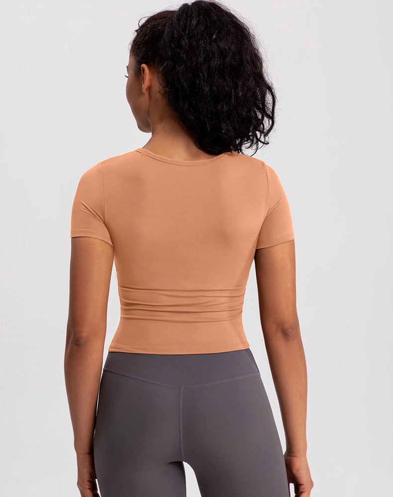 Small Crew Neck Built-in Bra Short Sleeve Yoga Top