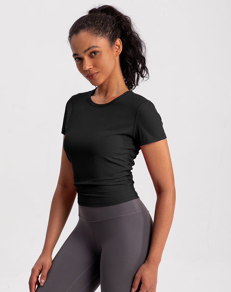 Side Pleated Ribbed Short Sleeve Yoga Top