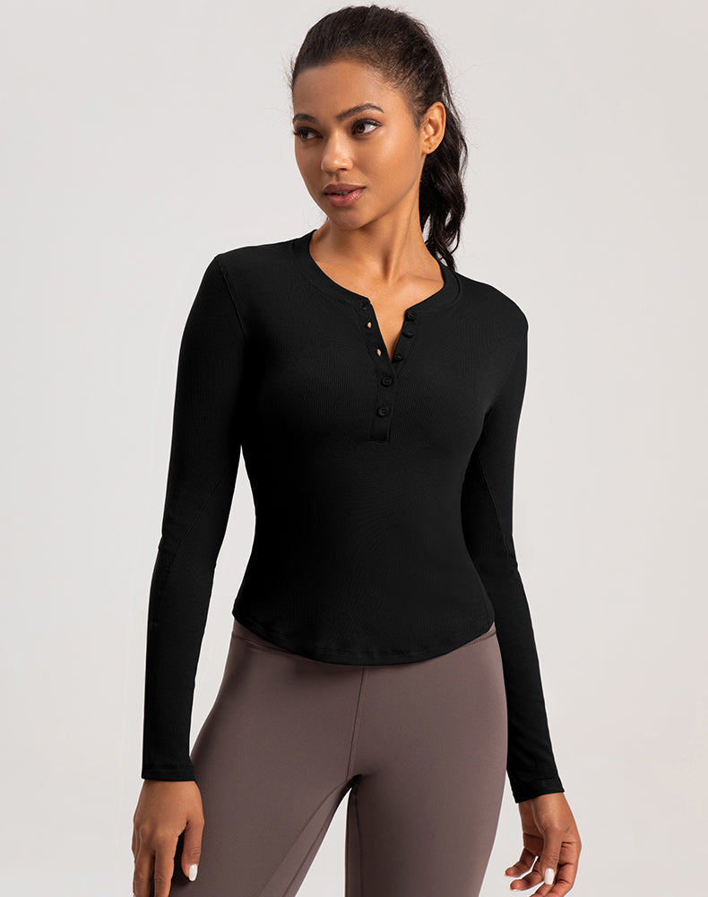 Button V-Neck Round Hem Long Sleeve Yoga Top