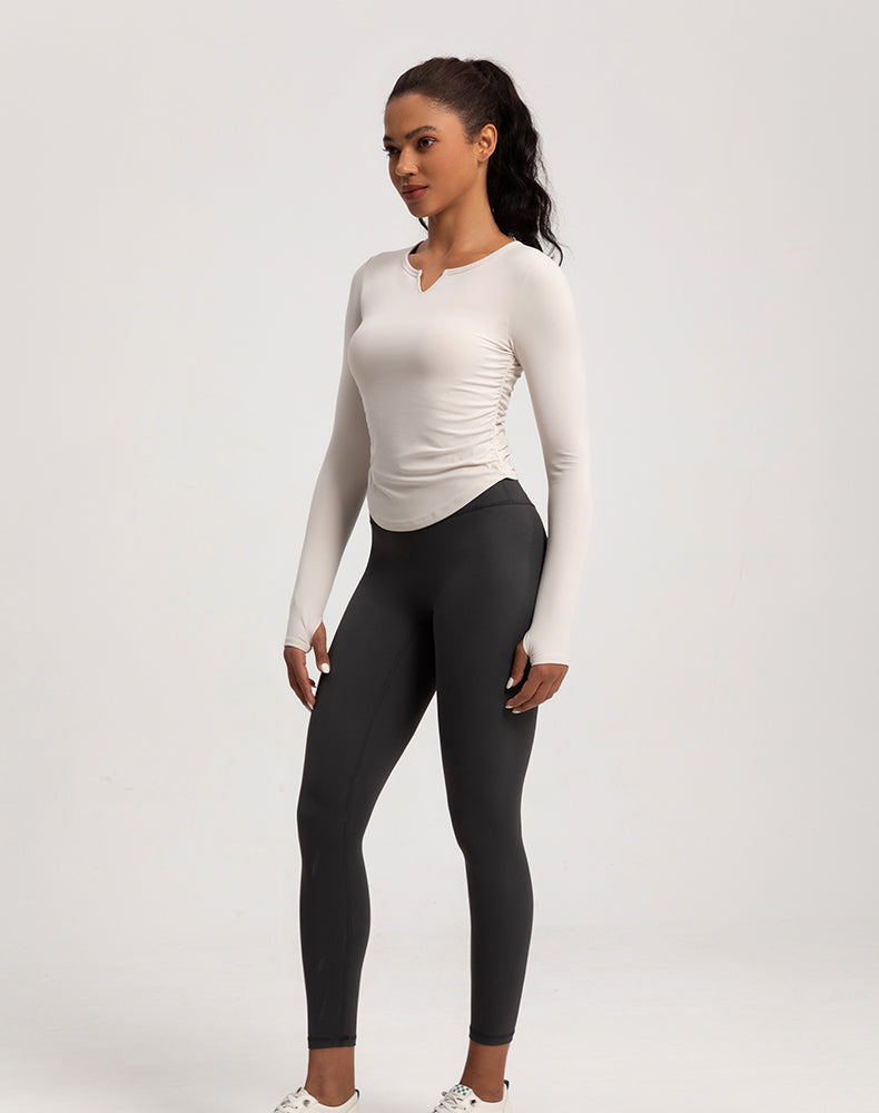 V-Neck Sides Pleated Long Sleeve Yoga Top