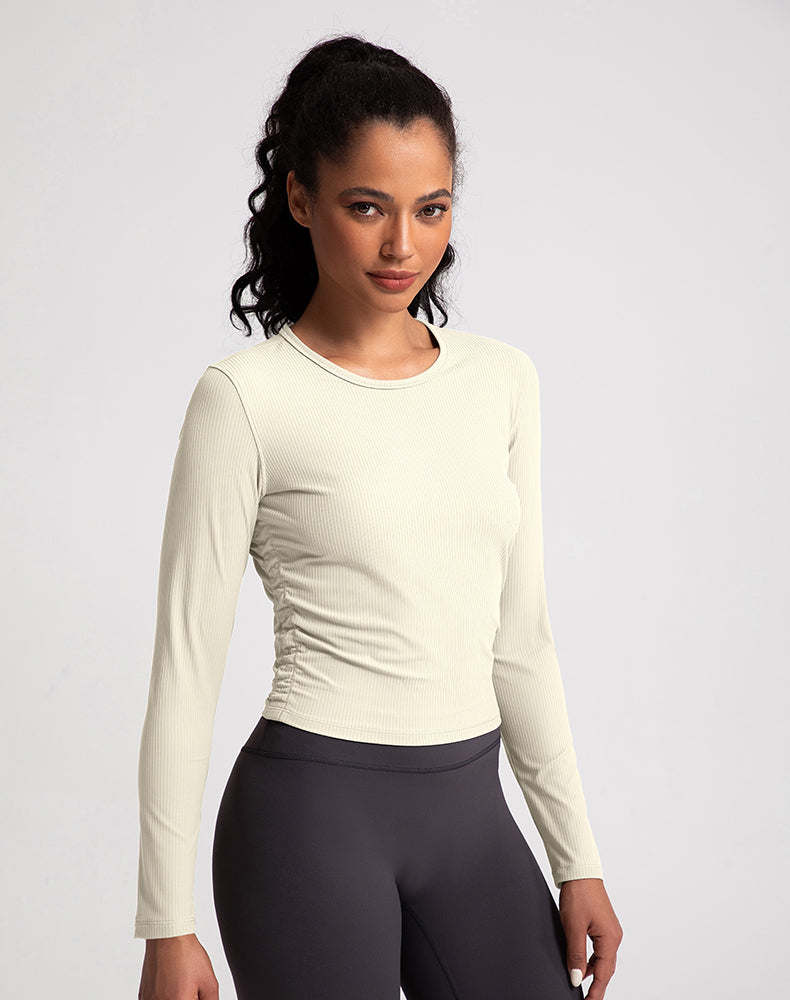 Sides Pleated Ribbed Long Sleeve Yoga Top