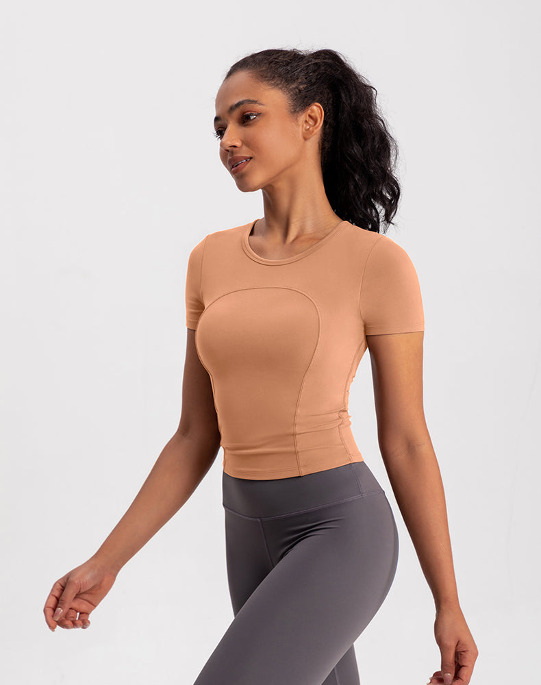 Small Crew Neck Built-in Bra Short Sleeve Yoga Top