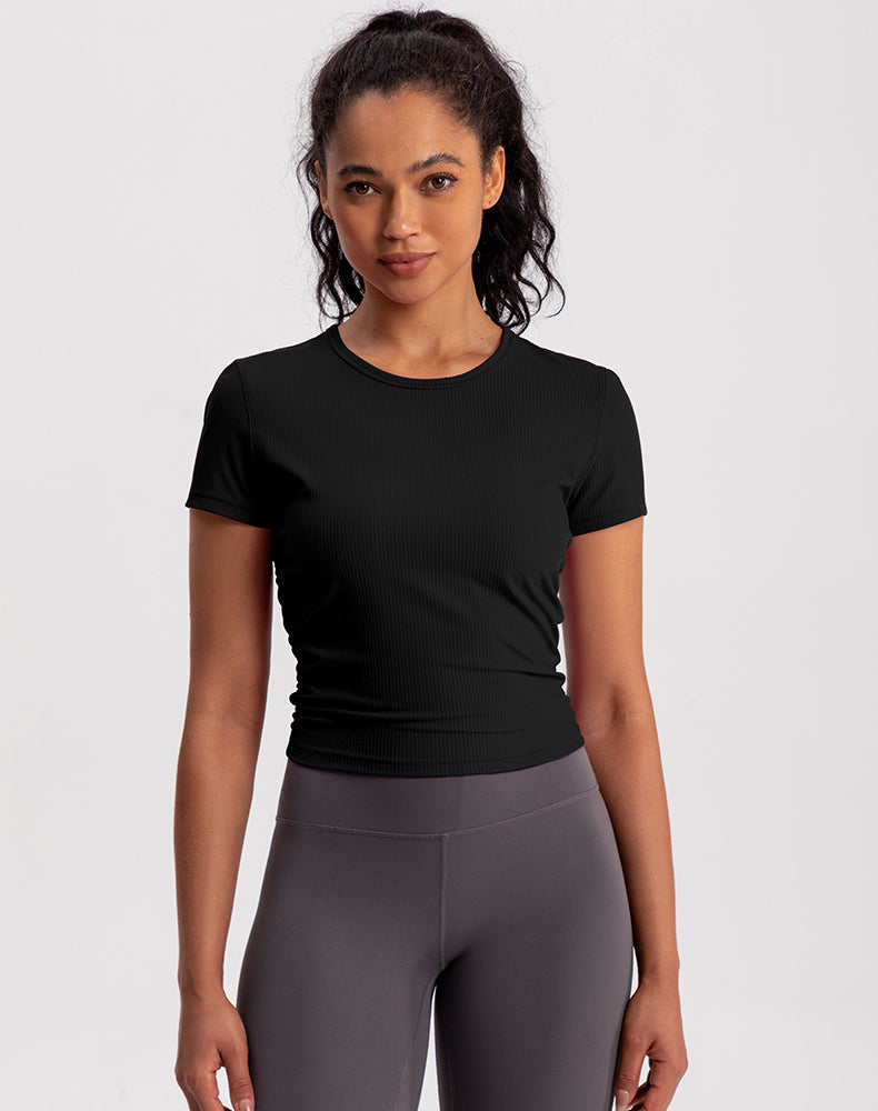 Side Pleated Ribbed Short Sleeve Yoga Top