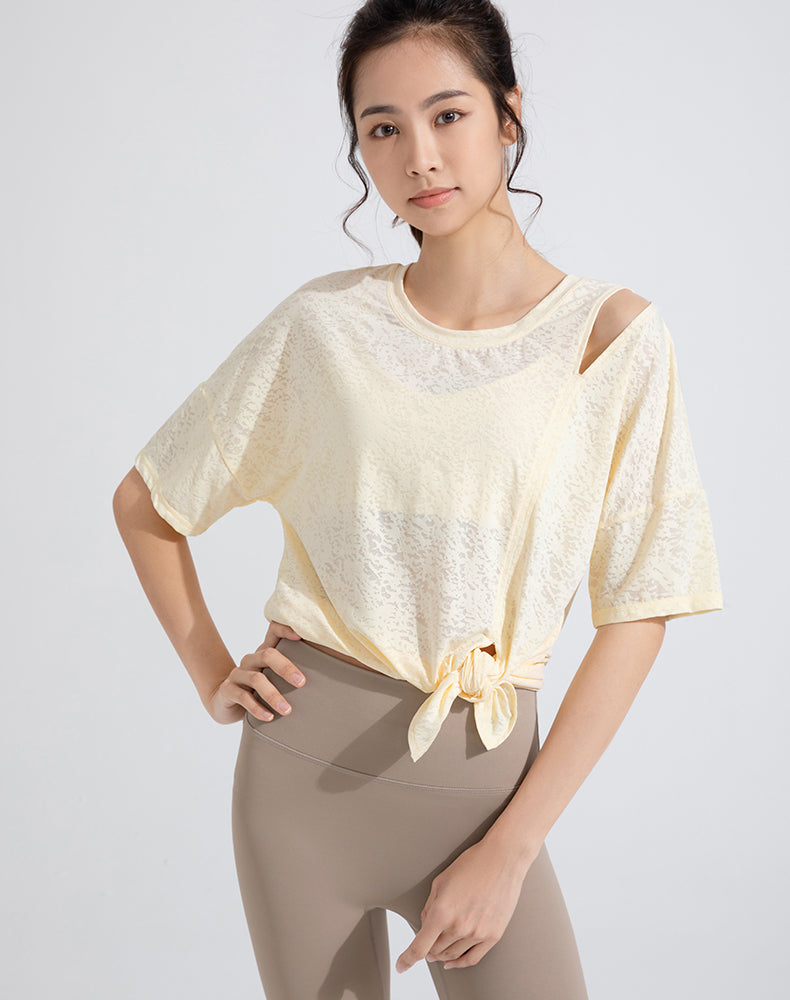 Front Slit Jacquard Short Sleeve Yoga Top