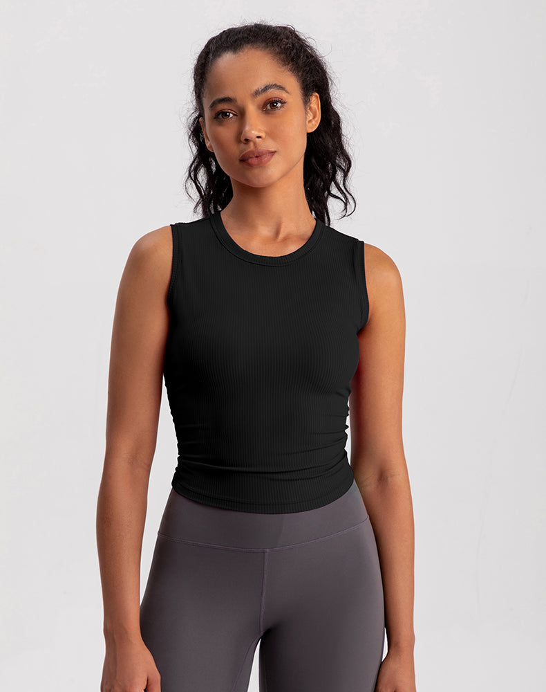 Ribbed Fabric Pleated Sides Yoga Tank