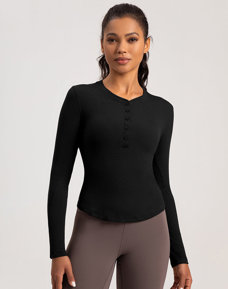 Button V-Neck Round Hem Long Sleeve Yoga Top