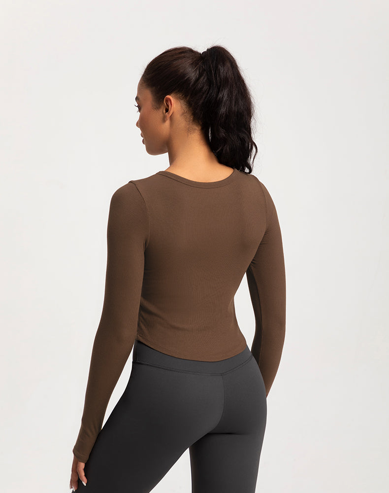 Wide Neck Ribbed Long Sleeve Yoga Top