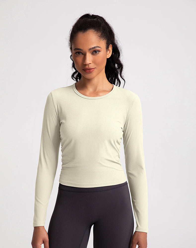 Sides Pleated Ribbed Long Sleeve Yoga Top