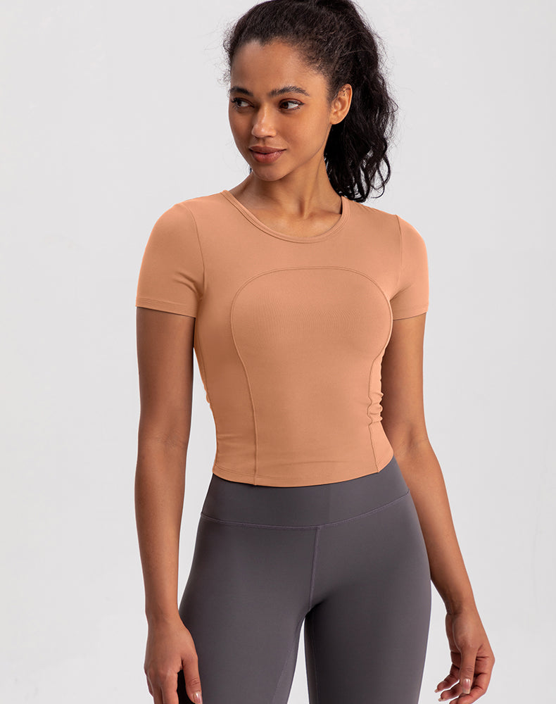 Small Crew Neck Built-in Bra Short Sleeve Yoga Top