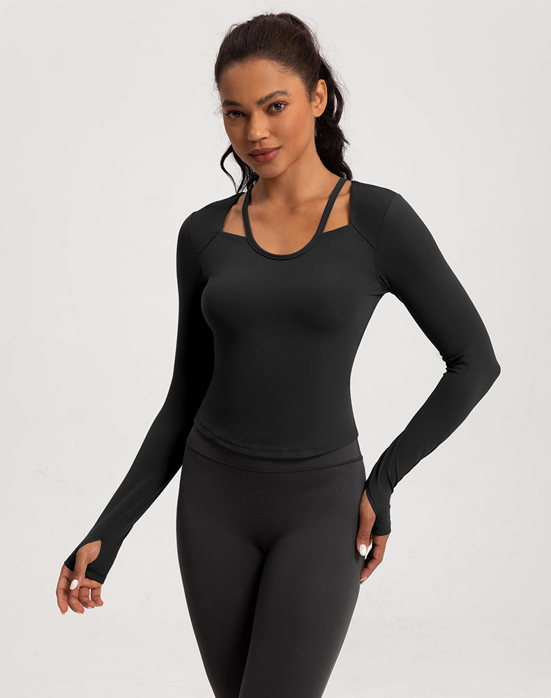 Neck Double Strap Long Sleeve Yoga Top