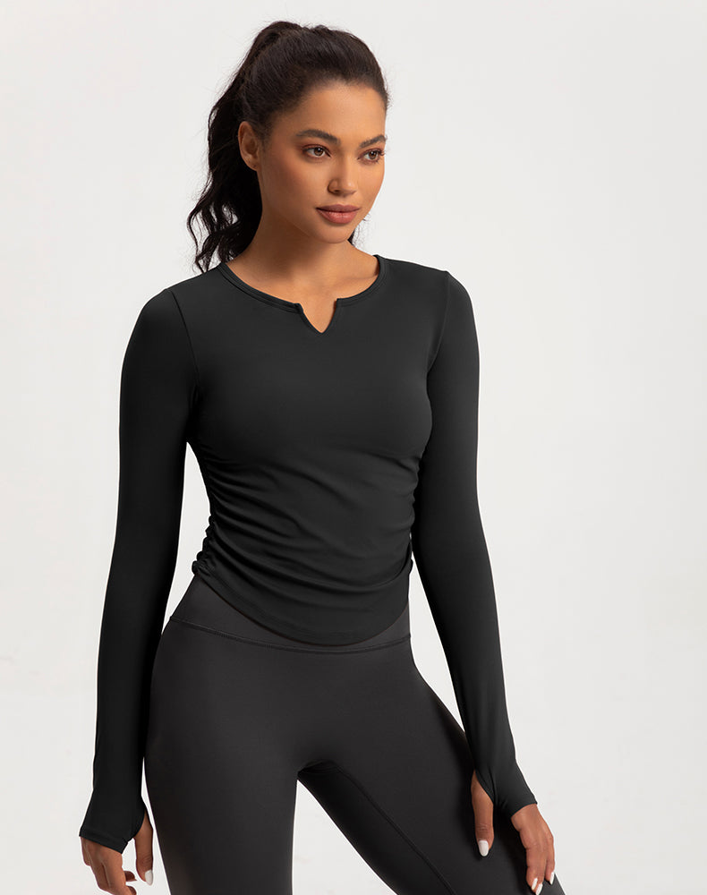 V-Neck Sides Pleated Long Sleeve Yoga Top