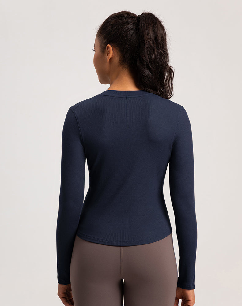 Button V-Neck Round Hem Long Sleeve Yoga Top